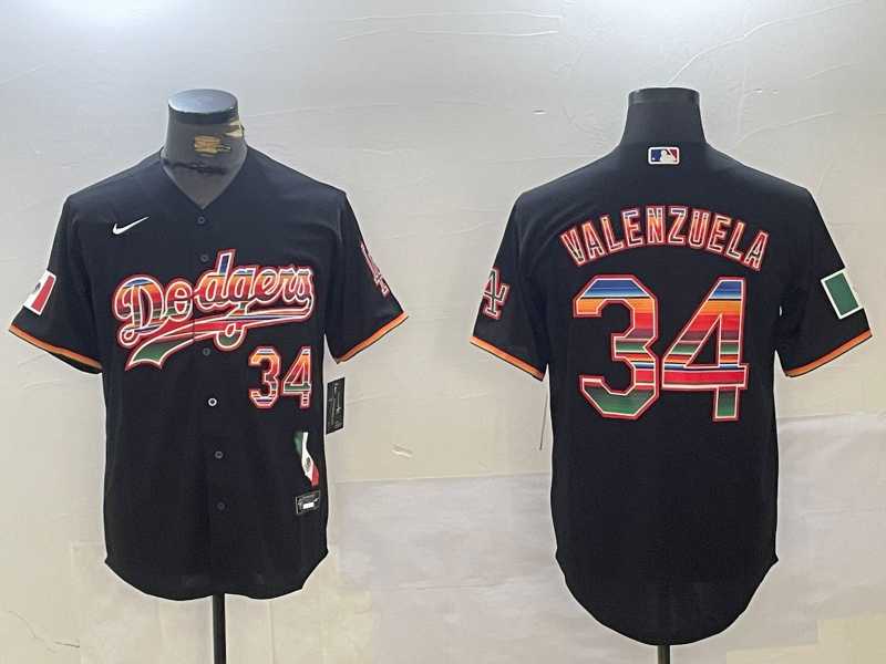 Mens Los Angeles Dodgers #34 Fernando Valenzuela Black Rainbow Mexico Cool Base Stitched Fashion Jersey